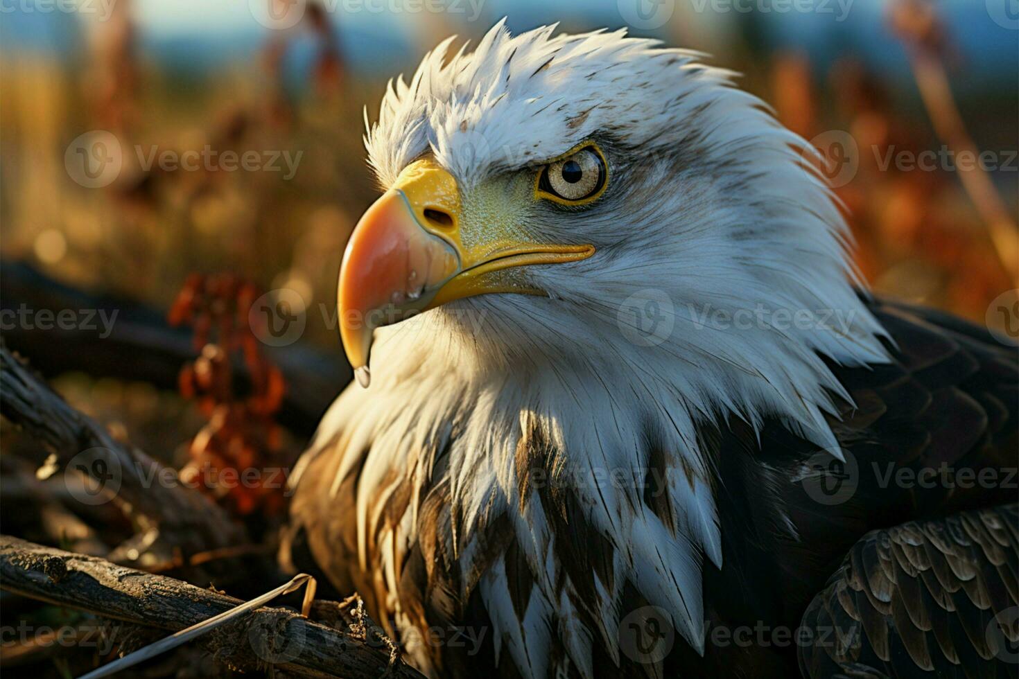 en solig dag ställer ut ett eagles stänga upp skönhet i de fält ai genererad foto