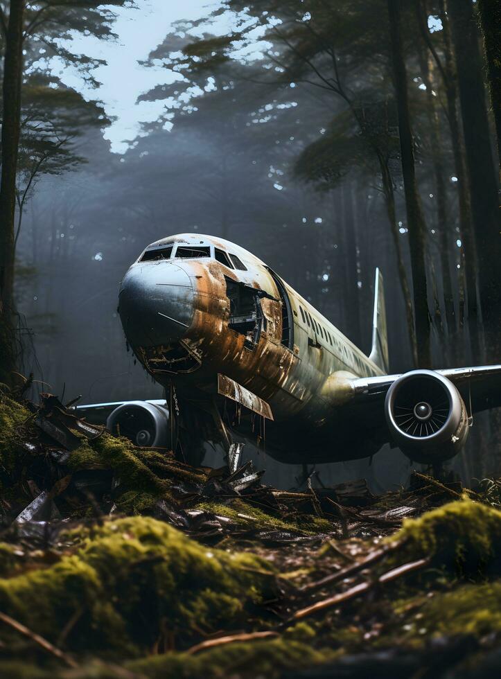Foto kraschade flygplan mitt i skog, folktom flygplan, digitalt dragen generativ ai