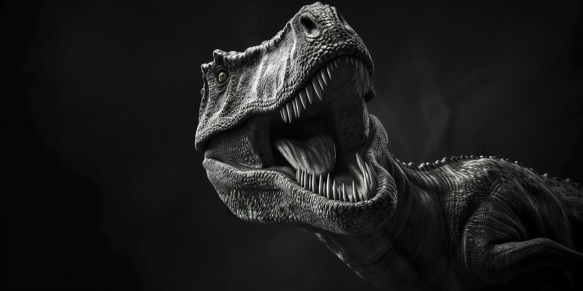 svart och vit fotorealistisk studio porträtt av en tyrannosaurus rex på svart bakgrund. generativ ai foto