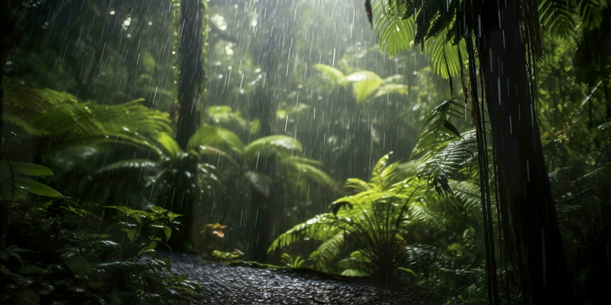 regn falls i en regnskog med de regn droppar. generativ ai foto