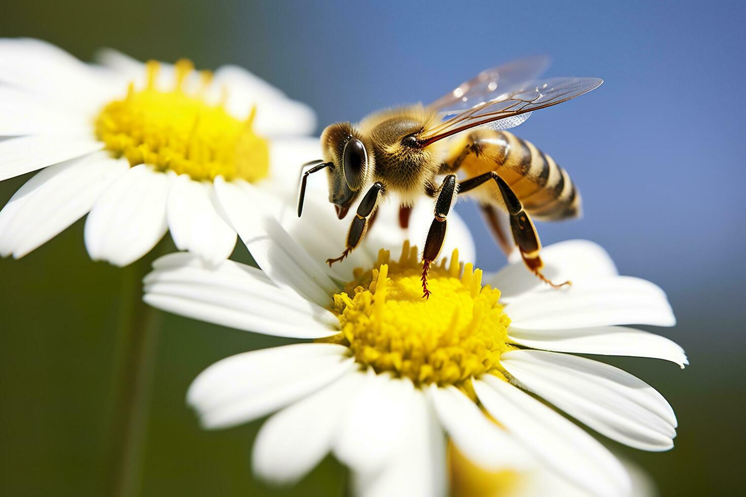 bi och blomma. stänga upp av en bi samlar honung på en daisy blomma på en solig dag. generativ ai foto