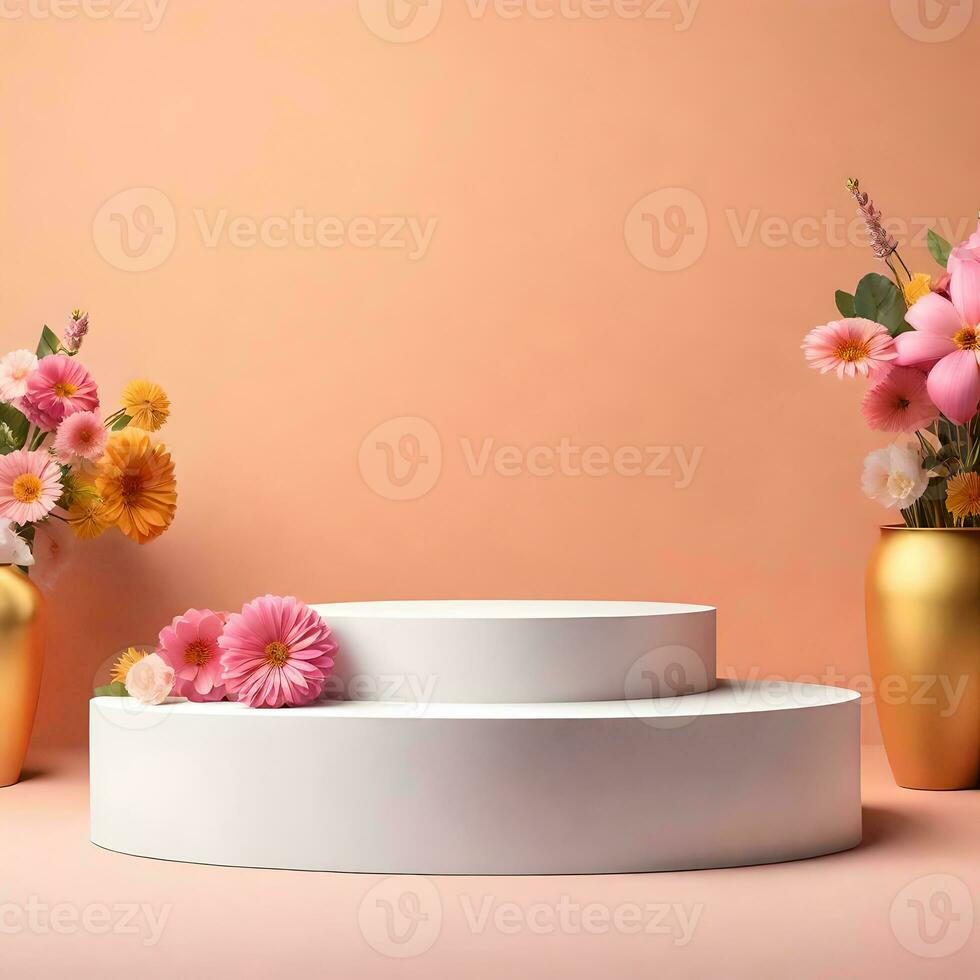 enkel 3d piedestal podium omgiven förbi stänkte blommor för produkt visa Foto bakgrund ai generativ