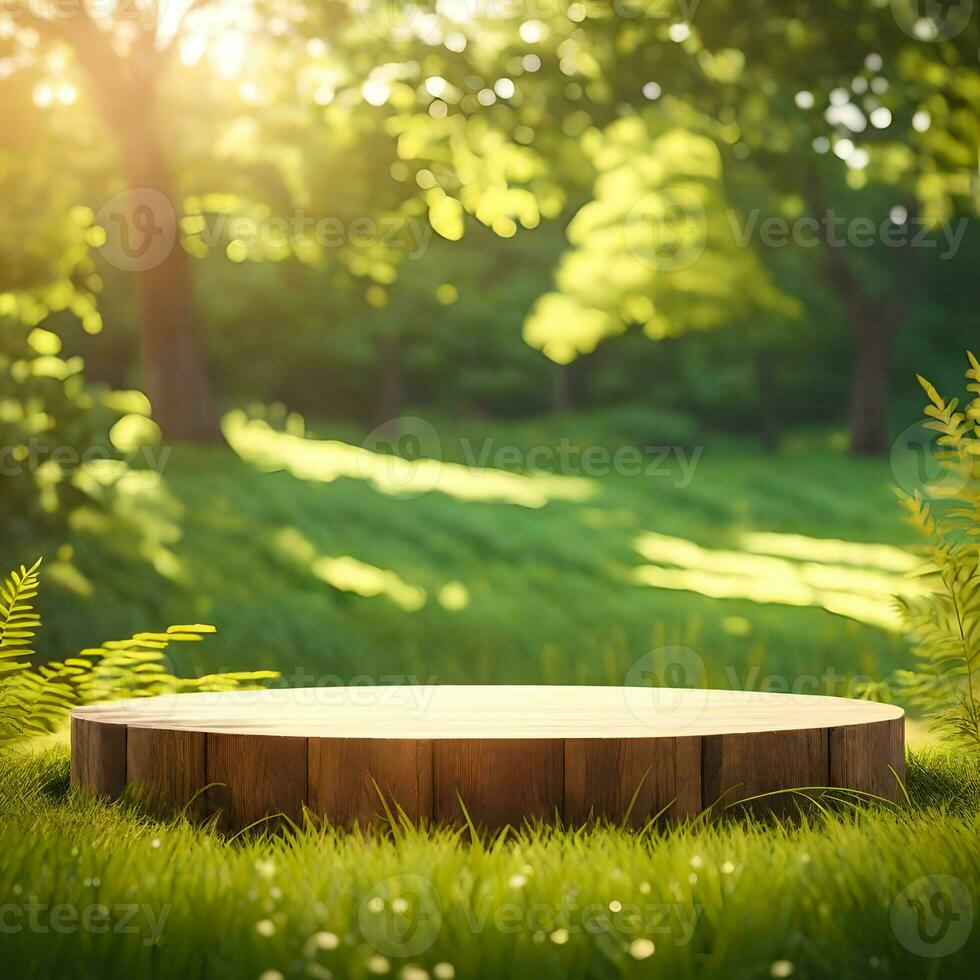 ett tömma rustik trä- podium i de mitten av ett utomhus- landskap förhandsgjord Foto attrapp bakgrund ai generativ