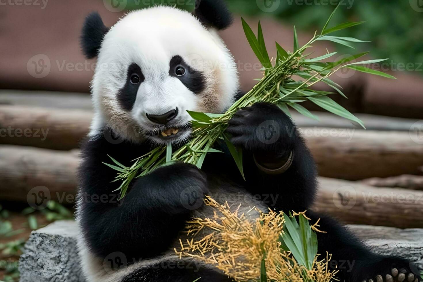 panda äter skjuter av bambu. sällsynt och endangered svart och vit Björn. neuralt nätverk ai genererad foto