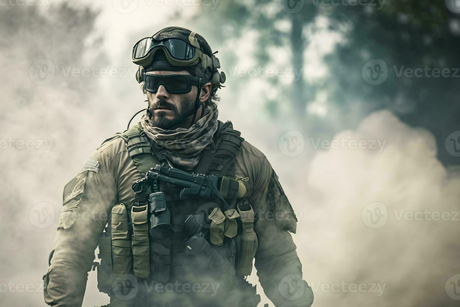 fullt utrustad soldat i en kamouflage enhetlig framväxande från en puff av rök i de mitten av en tall skog. neuralt nätverk ai genererad foto