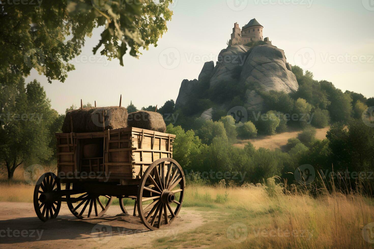 gammal traditionell medeltida europeisk trä- vagn på de väg. neuralt nätverk ai genererad foto