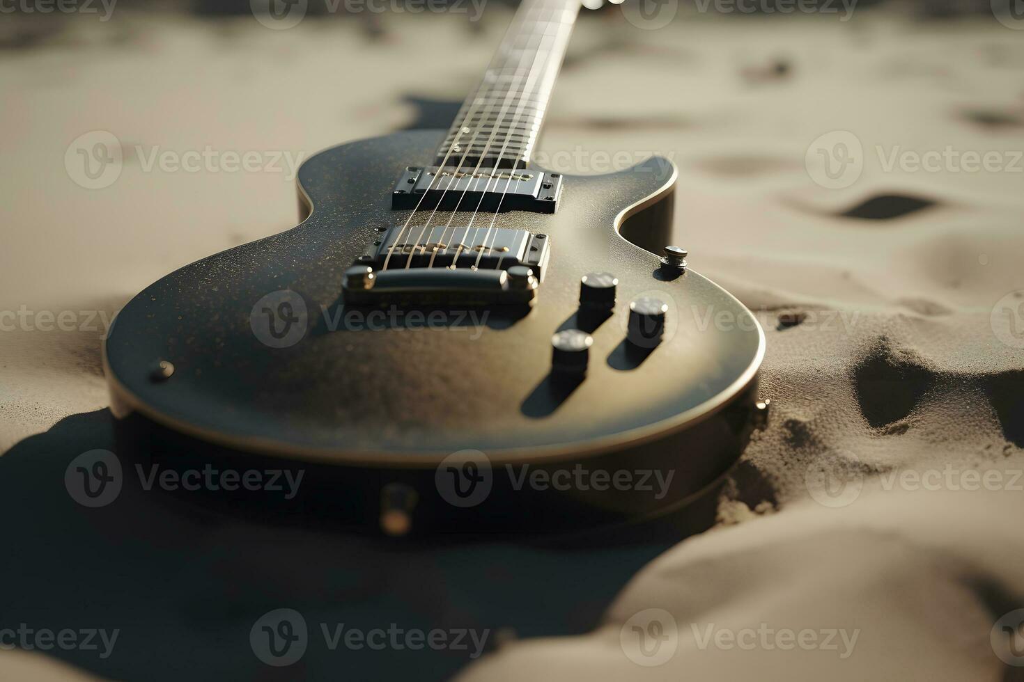 elektrisk gitarr på de sand. neuralt nätverk ai genererad foto