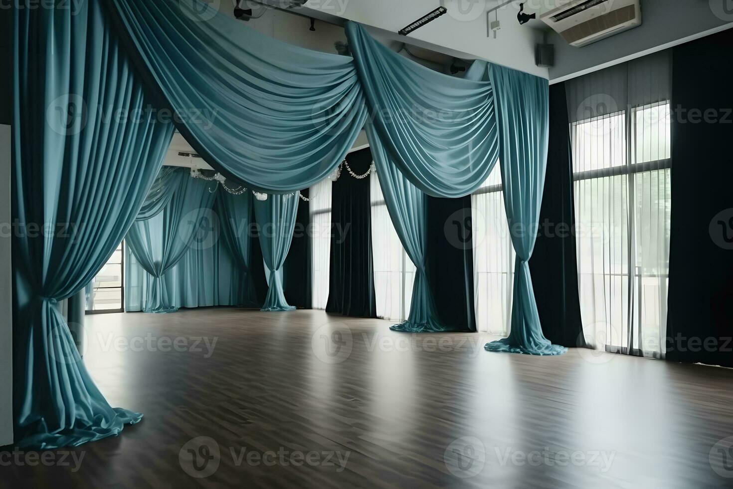 bröllop hall med lyxig blå gardiner. neuralt nätverk ai genererad foto