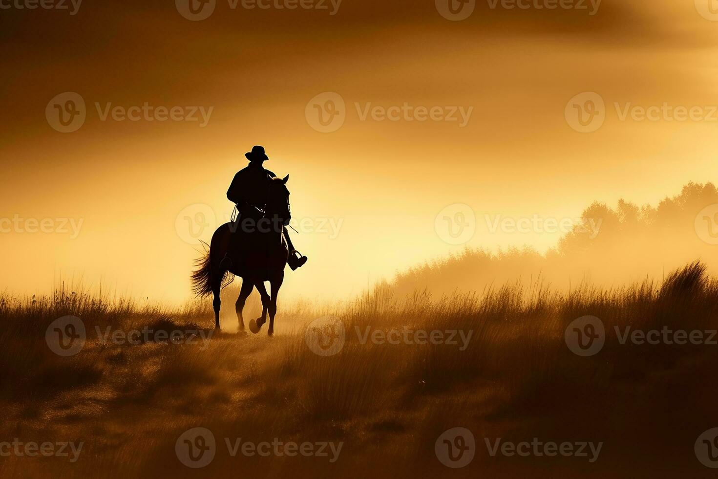 silhuett cowboy på hästryggen. neuralt nätverk ai genererad foto