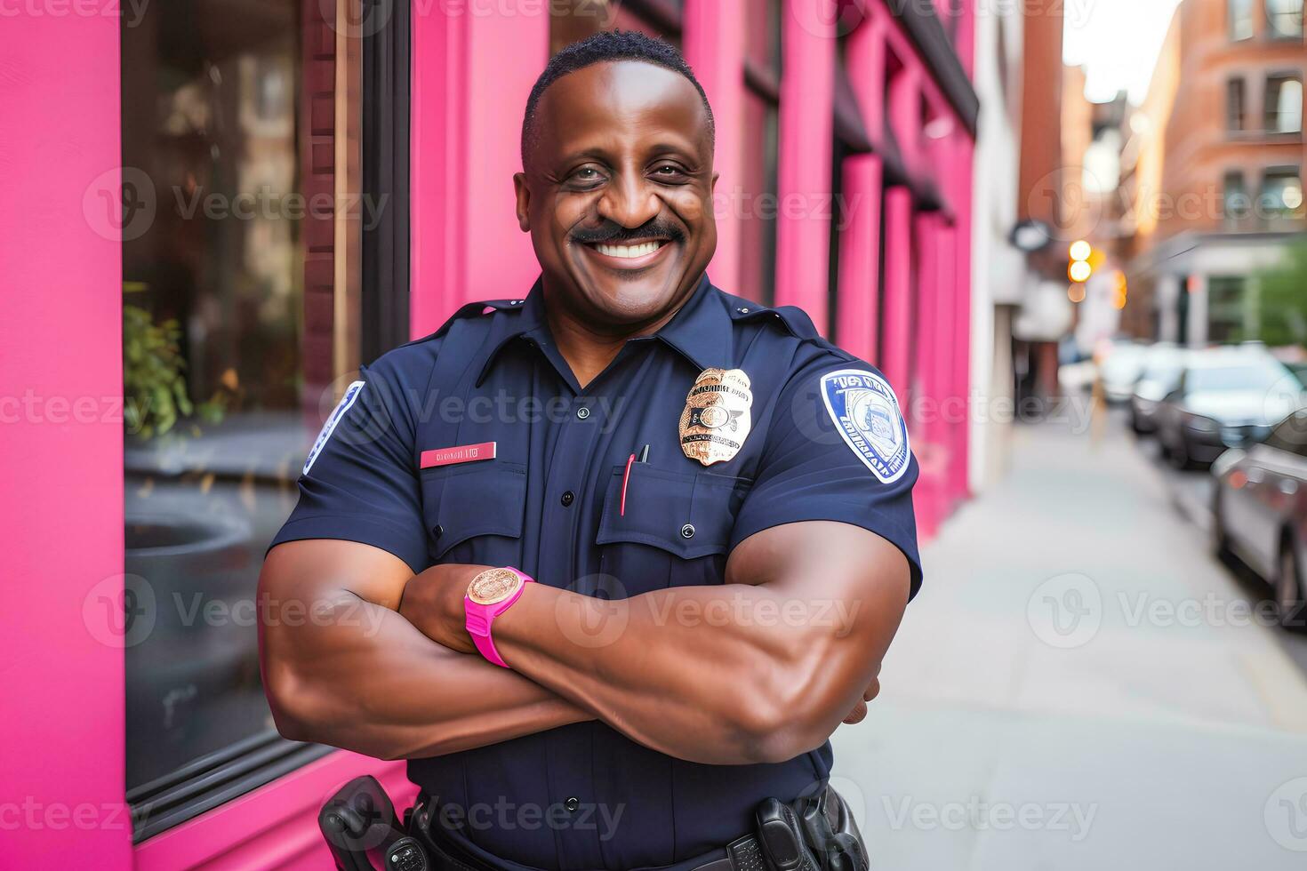 Lycklig och leende afrikansk amerikan polis officer. neuralt nätverk ai genererad foto