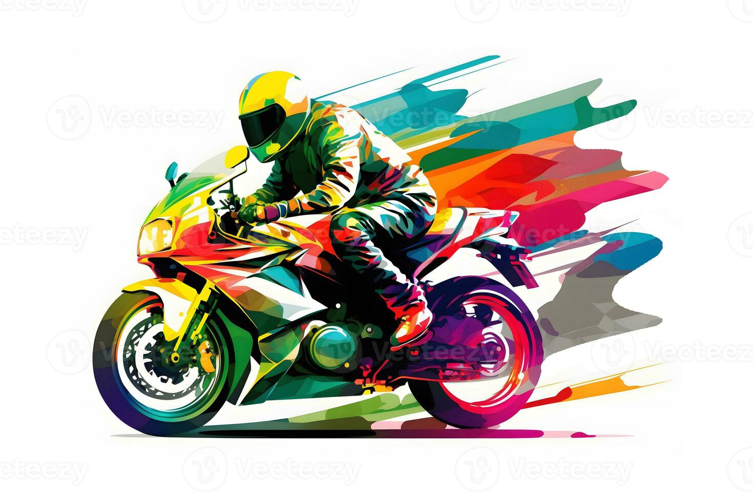 klistermärke av cyklist på sport motorcykel i vattenfärg stil på vit bakgrund. neuralt nätverk genererad konst foto