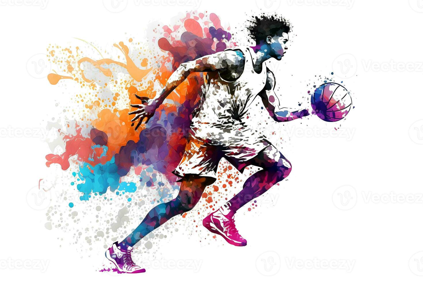 basketboll vattenfärg stänk spelare i verkan med en boll isolerat på vit bakgrund. neuralt nätverk genererad konst foto