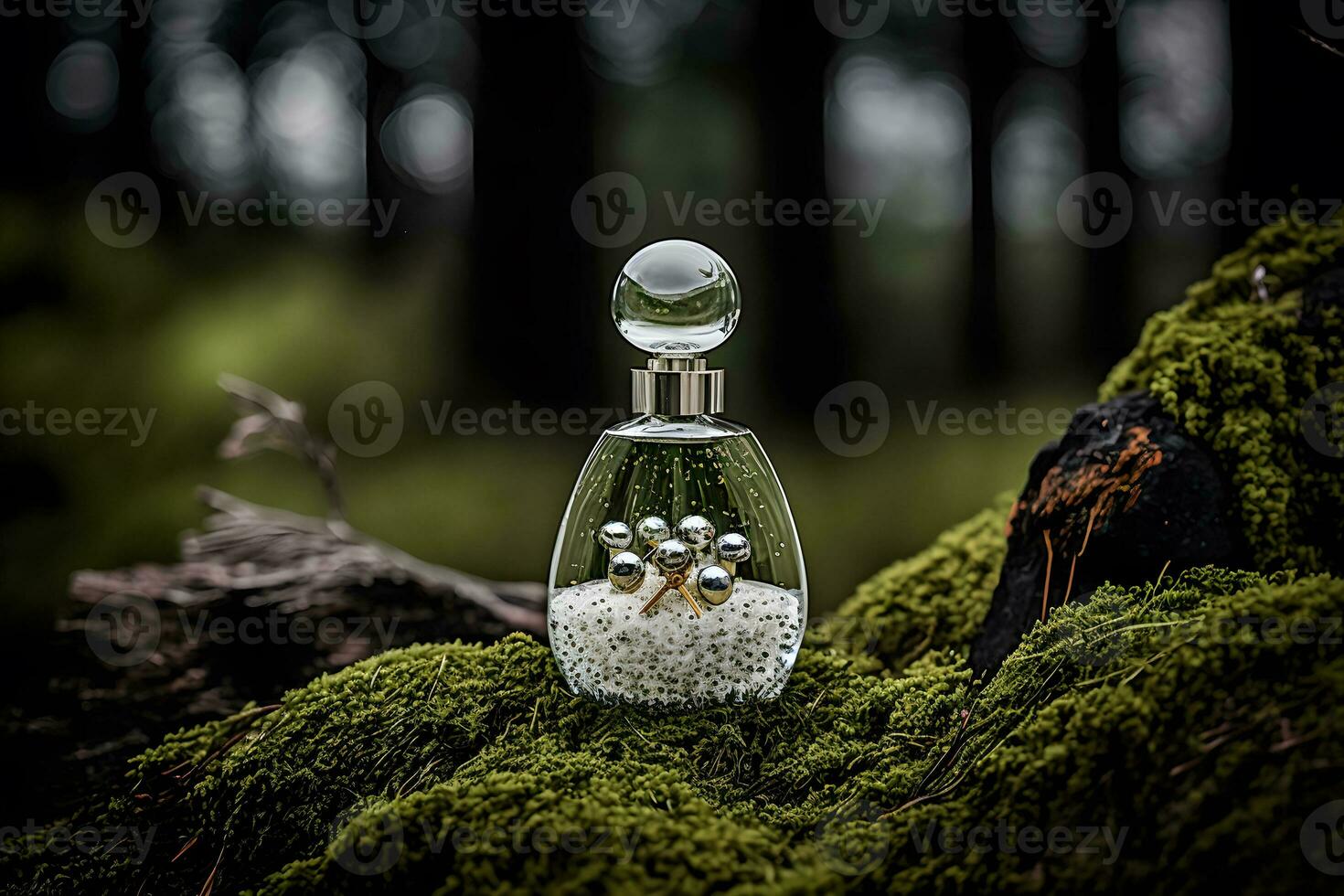parfym flaska i en grön skog på en mossiga substrat. neuralt nätverk genererad konst foto