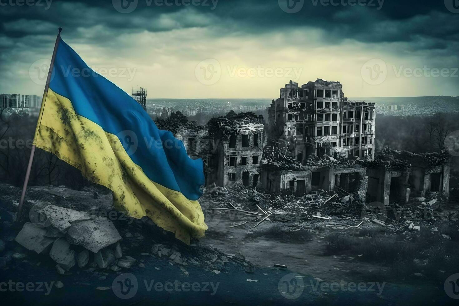 flagga av ukraina och förstörd byggnad. krig begrepp. neuralt nätverk ai genererad foto