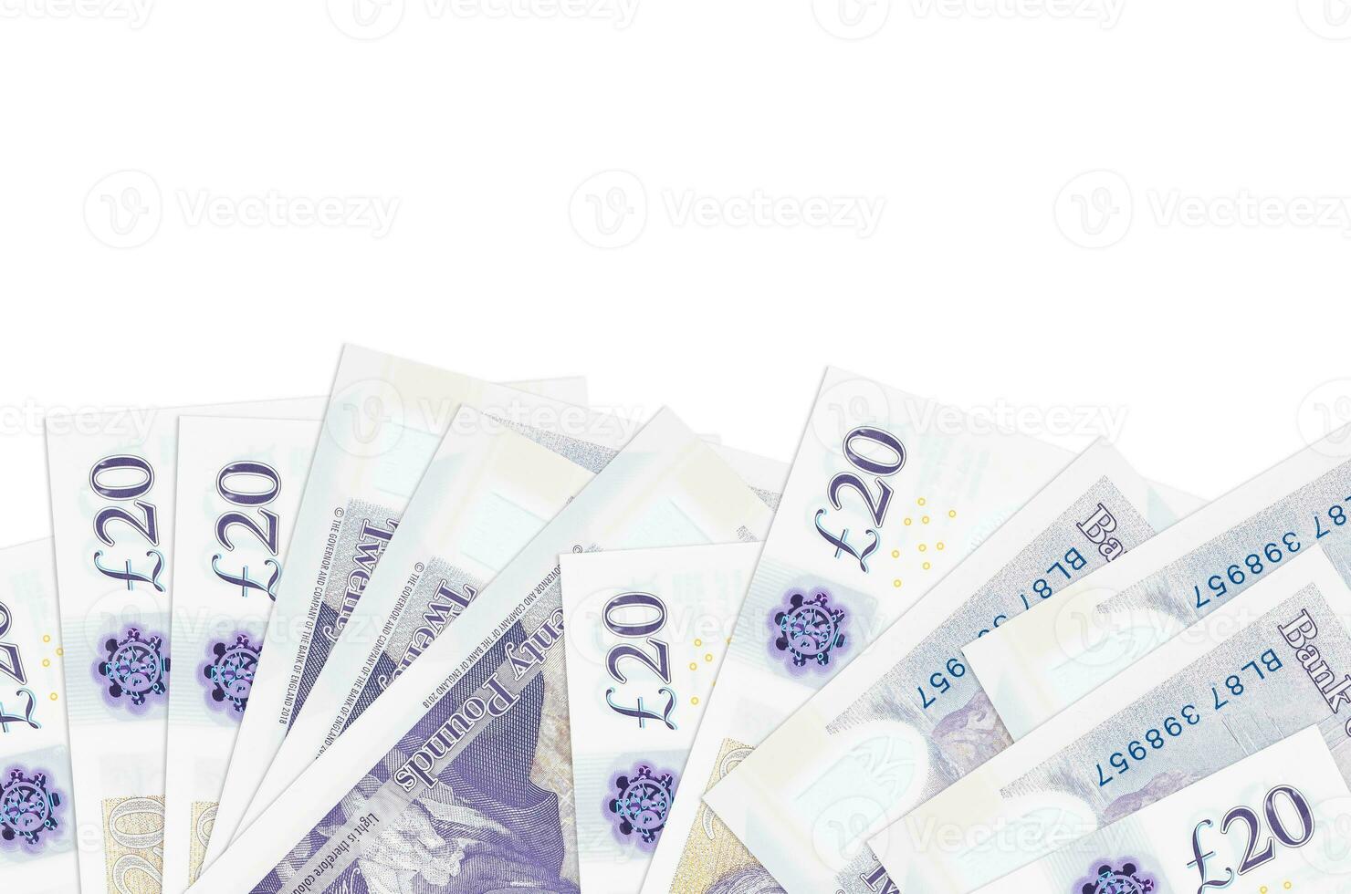 20 brittiskt pounds räkningar lögner på botten sida av skärm isolerat på vit bakgrund med kopia Plats. bakgrund baner mall foto