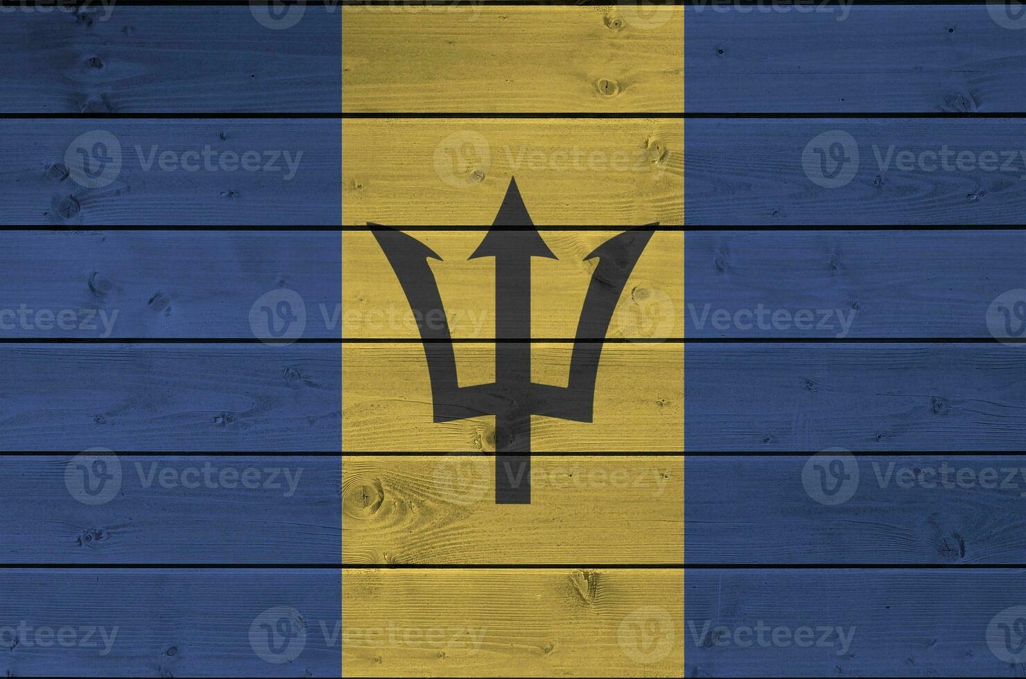 barbados flagga avbildad i ljus måla färger på gammal trä- vägg. texturerad baner på grov bakgrund foto