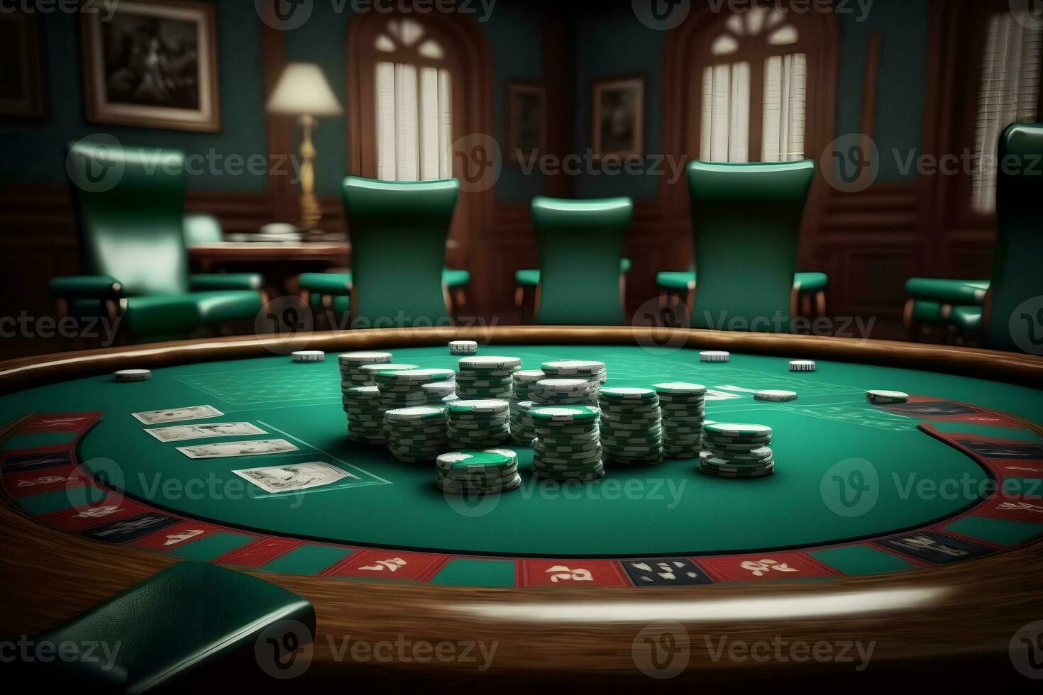färgrik poker pommes frites på en grön tabell. neuralt nätverk ai genererad foto