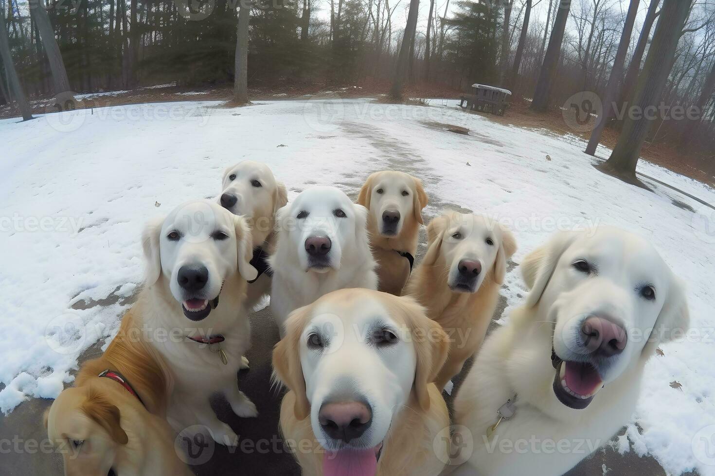 söt beagle ser på de kamera medan tar en selfie med annan beagle och en mops. neuralt nätverk ai genererad foto