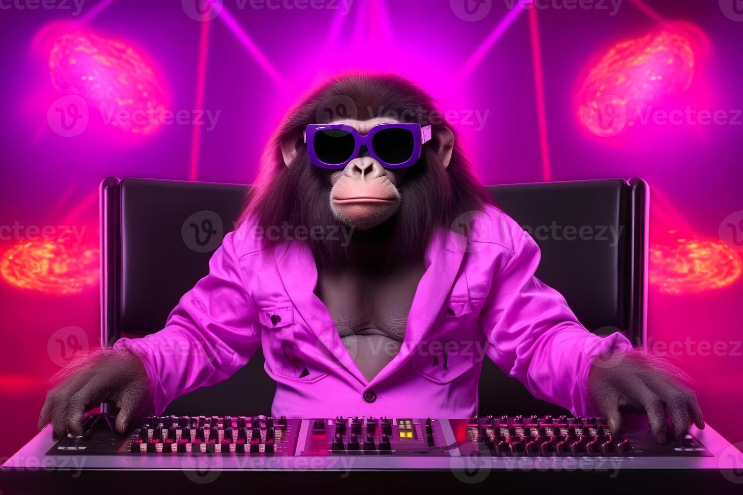 Häftigt eleganta apa dj. synthwave neon. neuralt nätverk ai genererad foto