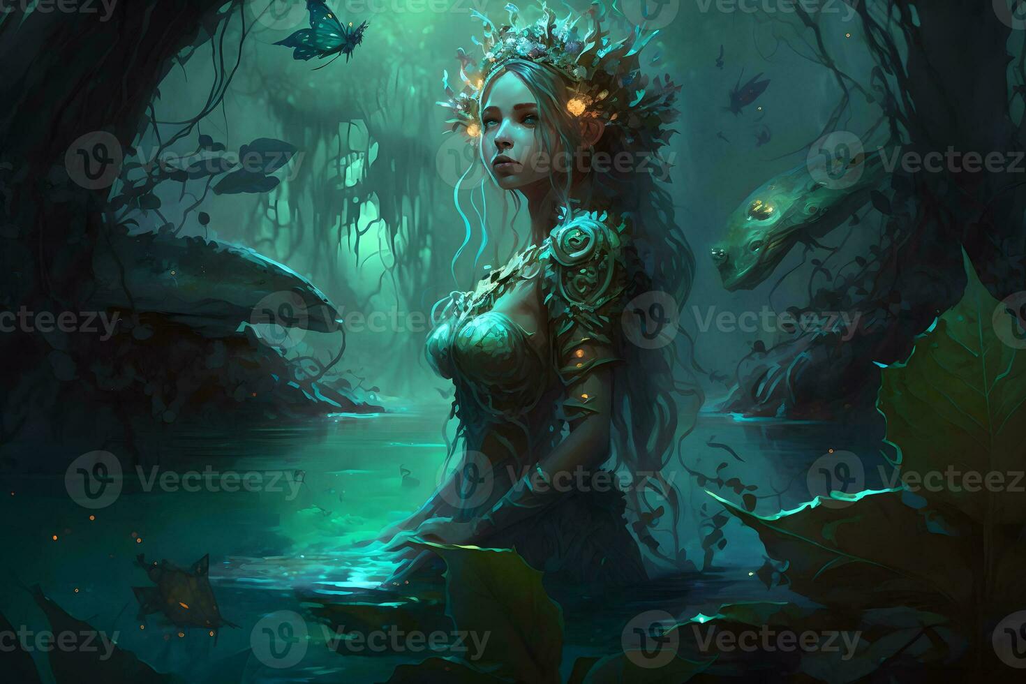 skön ung saga nymf flicka i naturlig klänning i helig flod med vatten liljor och träd. neuralt nätverk genererad konst foto