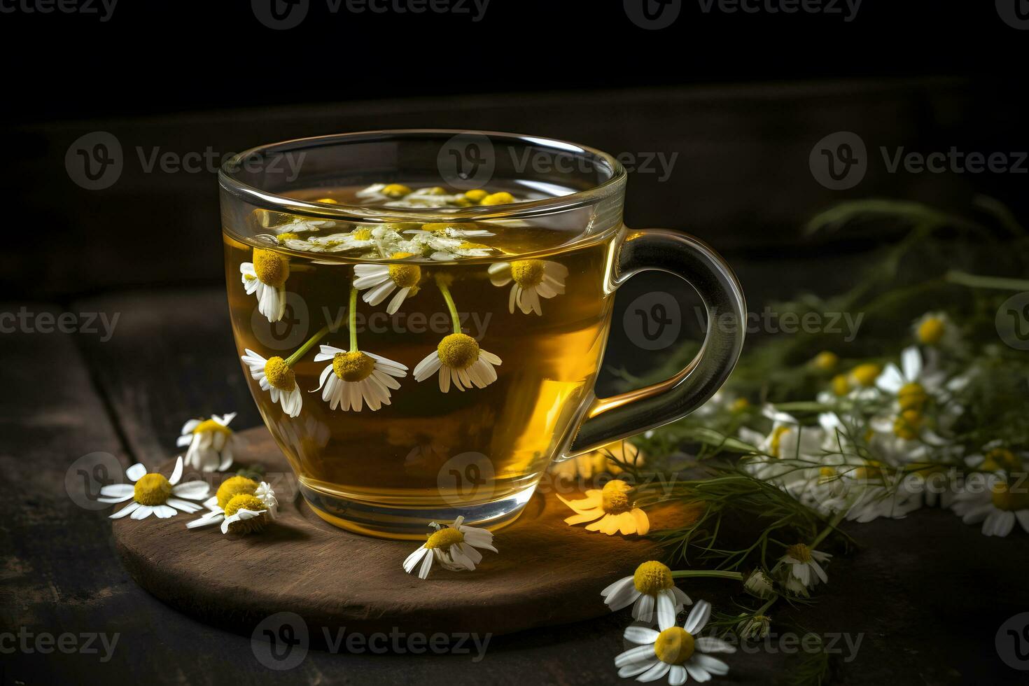 kopp av te med kamomill blommor på rustik trä- bakgrund. neuralt nätverk ai genererad foto