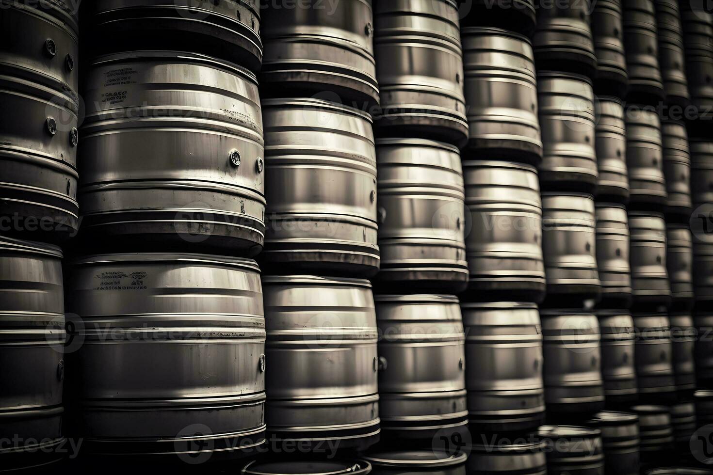 stackar av öl fat i bryggeri tillverkning lager. neuralt nätverk genererad konst foto