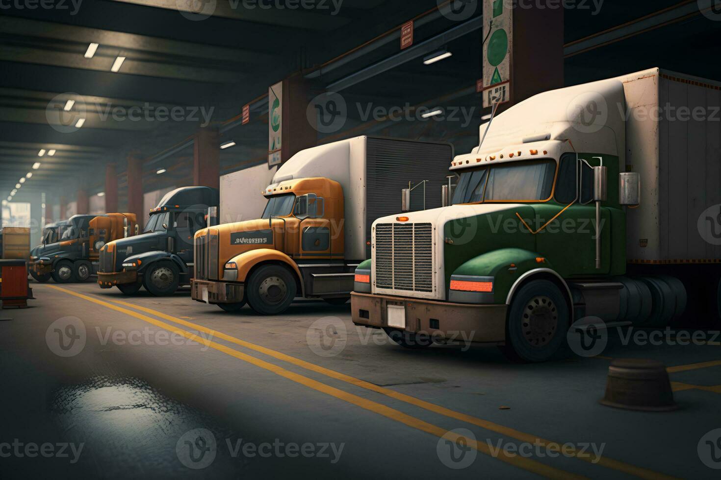 semi trailer lastbilar på parkering massa. leverans lastbilar för frakt frakt. lastbil industri frakt lastbil logistik transport. neuralt nätverk genererad konst foto