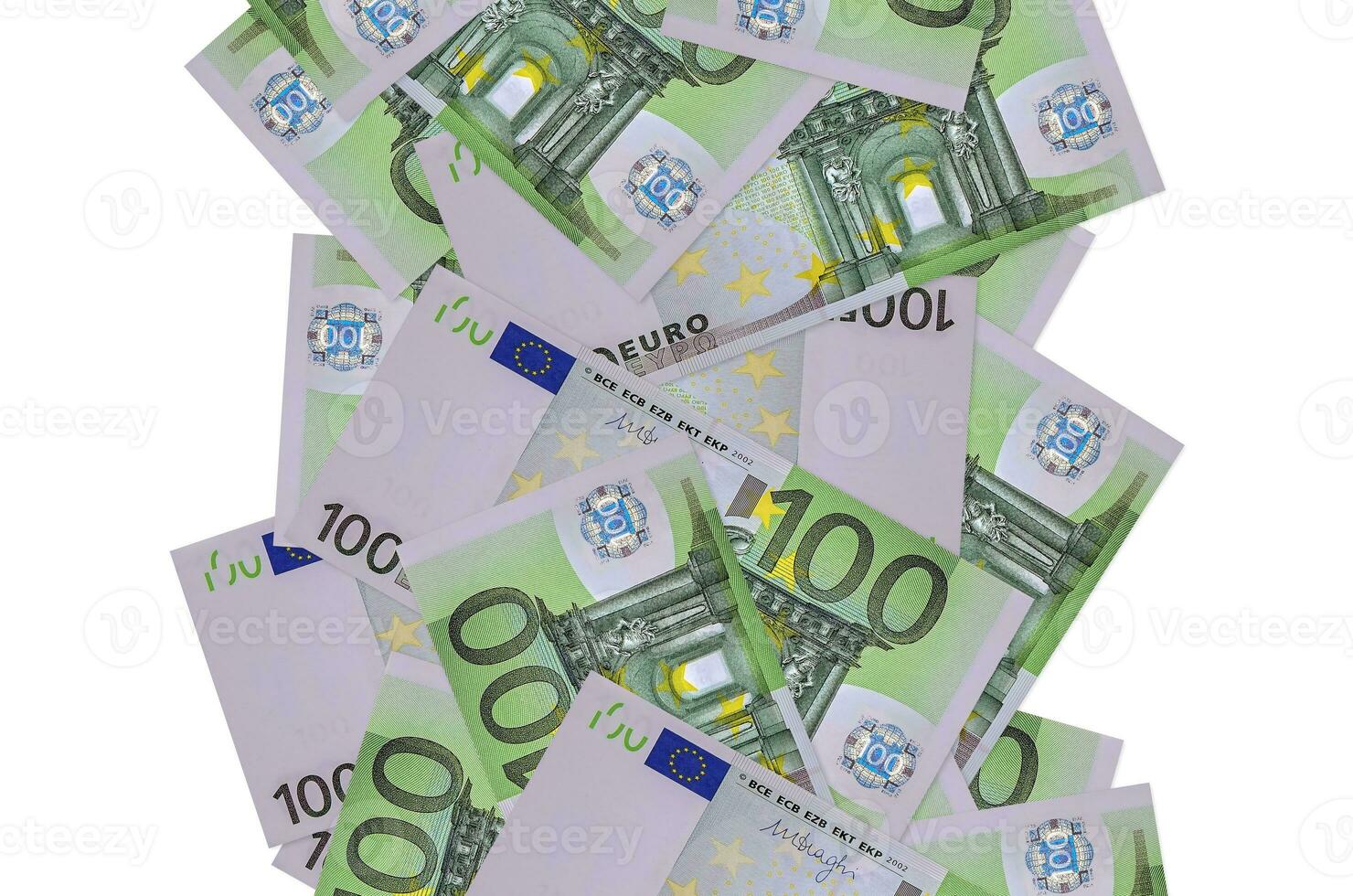 100 euro räkningar flygande ner isolerat på vit. många sedlar faller med vit copy på vänster och rätt sida foto