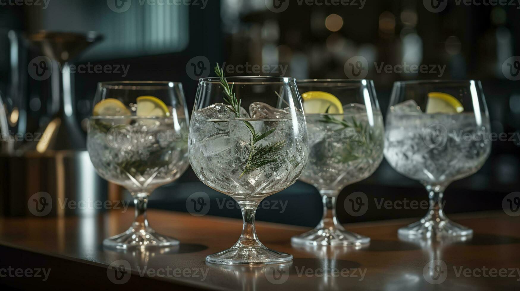 glasögon av kall gin tonic på tabell i bar med svart baground, generativ ai foto