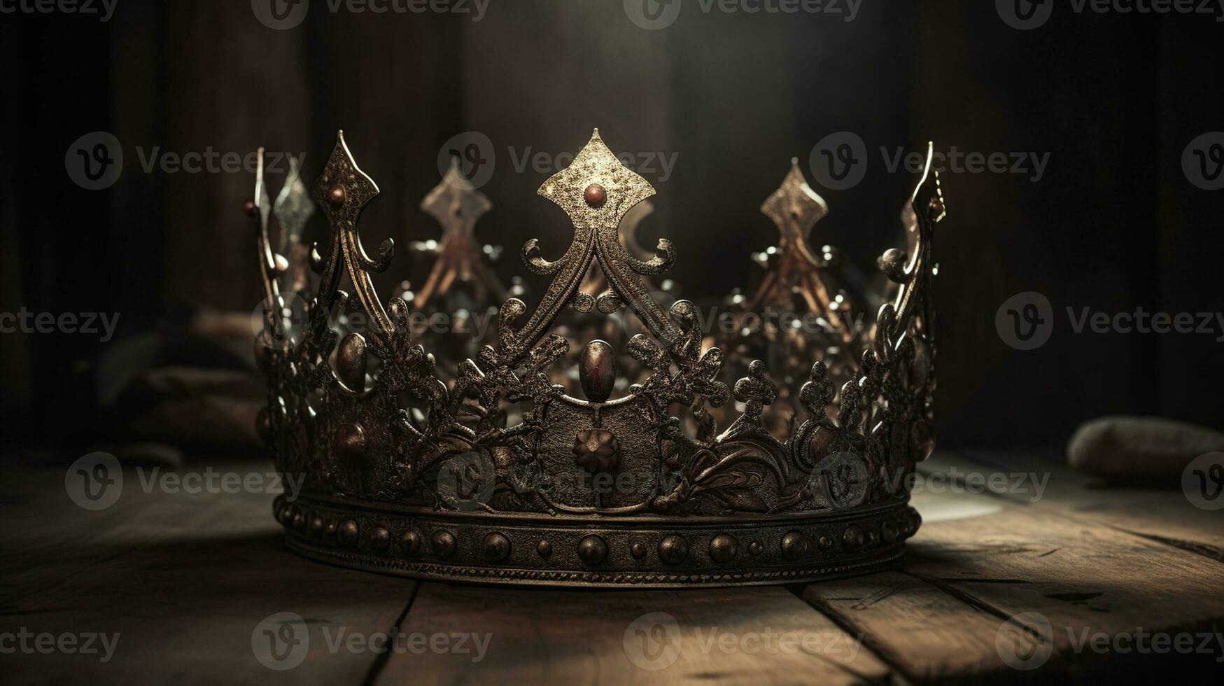låg nyckel bild av skön drottning eller kung krona över trä- tabell. årgång filtreras. fantasi medeltida period, generativ ai foto