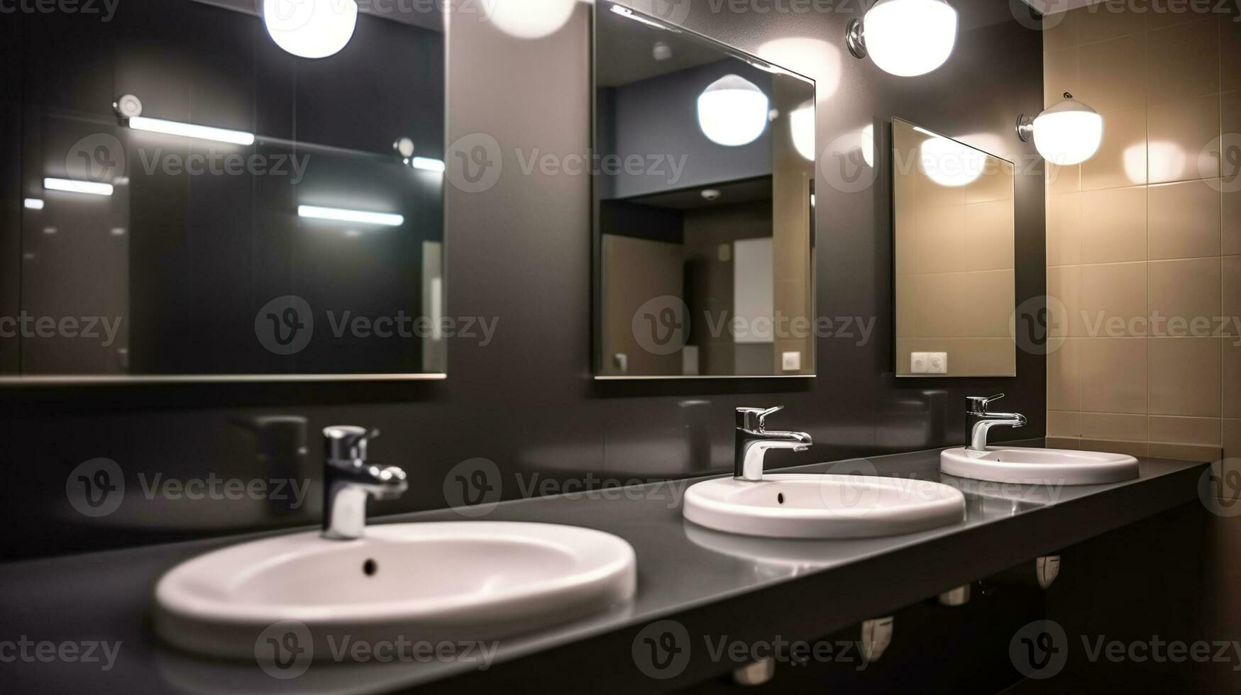 modern sänkor med spegel i offentlig toalett. ai generativ foto