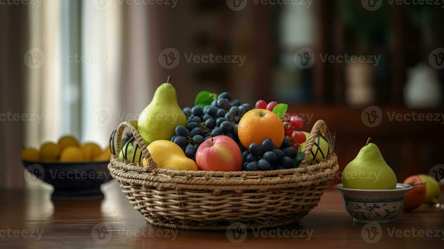 korg med färsk frukt på tabell i kök, ai generativ foto