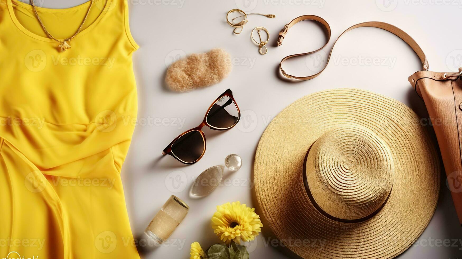 internationell kvinnor dag försäljning. kvinna kläder och Tillbehör, vår sommar samling. gul klänning, sugrör hatt och axel väska, brun solglasögon glasögon. generativ ai foto