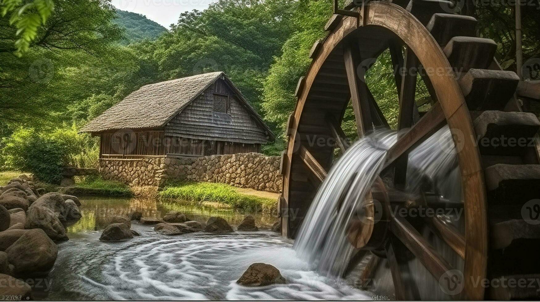 de kvarn hjul roterar under en ström av vatten på by med traditionell halmtak täckt hus. generativ ai foto