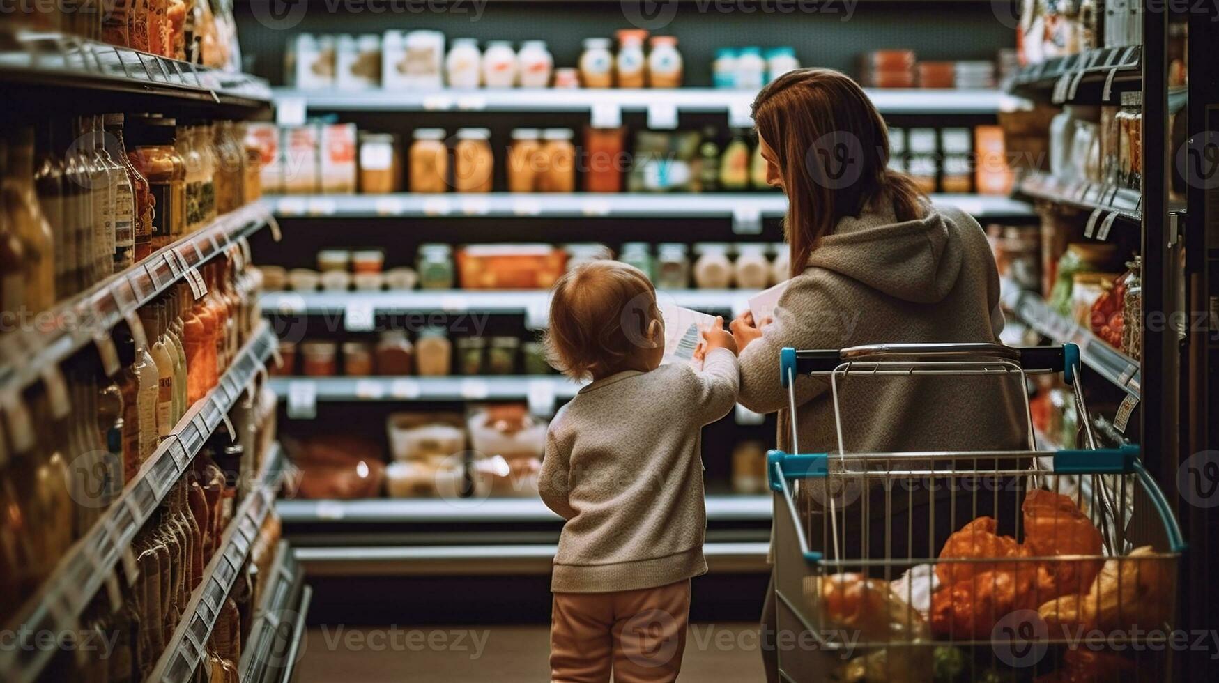 en ung mor och henne bebis med en matvaror vagn välja mat på en mataffär hylla. de begrepp av handla och föräldraskap. generativ ai foto