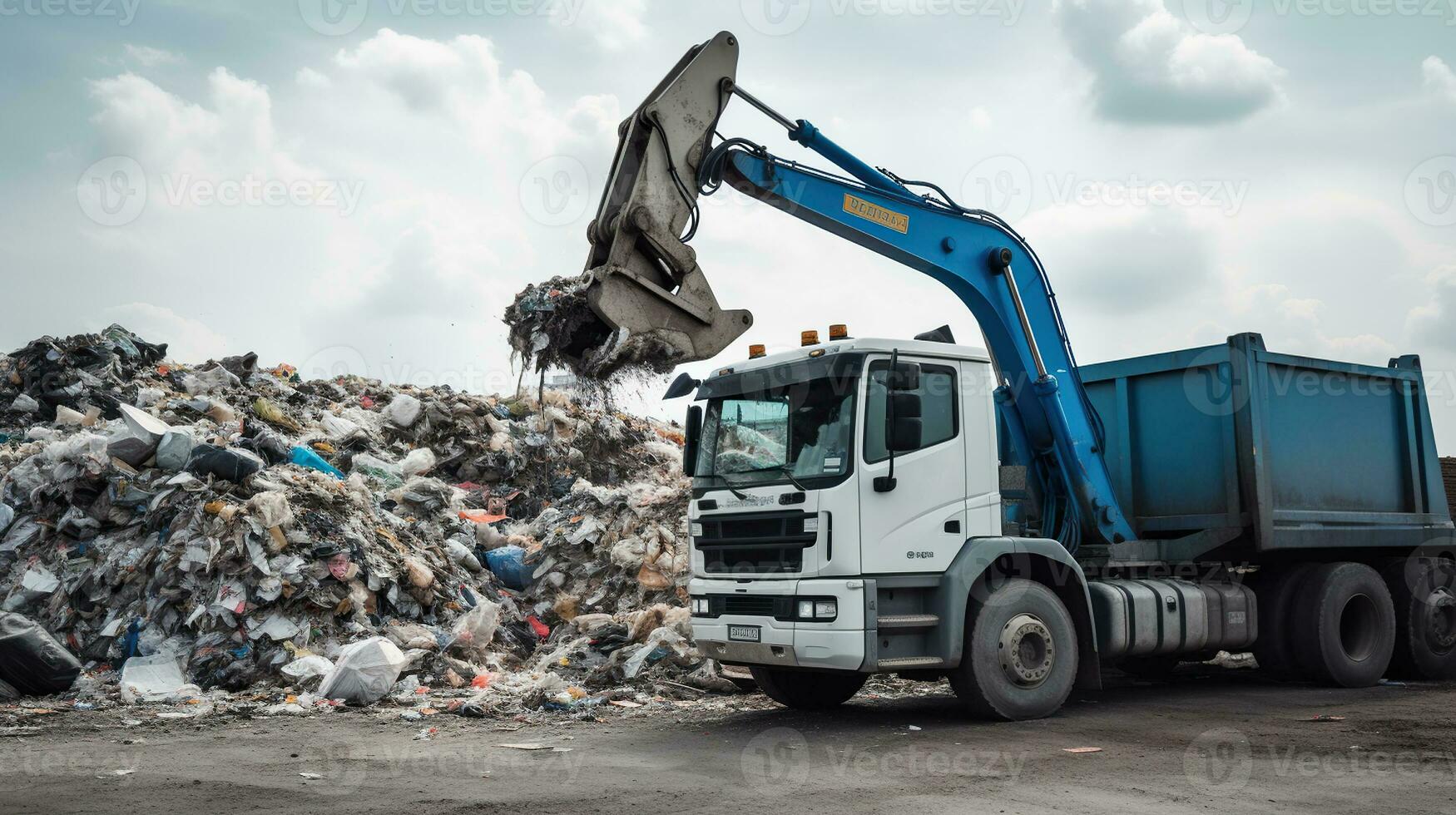 tung Utrustning i de främre av en lastbil dumpning pålar av sopor, i de stil av ljus vit och azurblå, generativ ai foto
