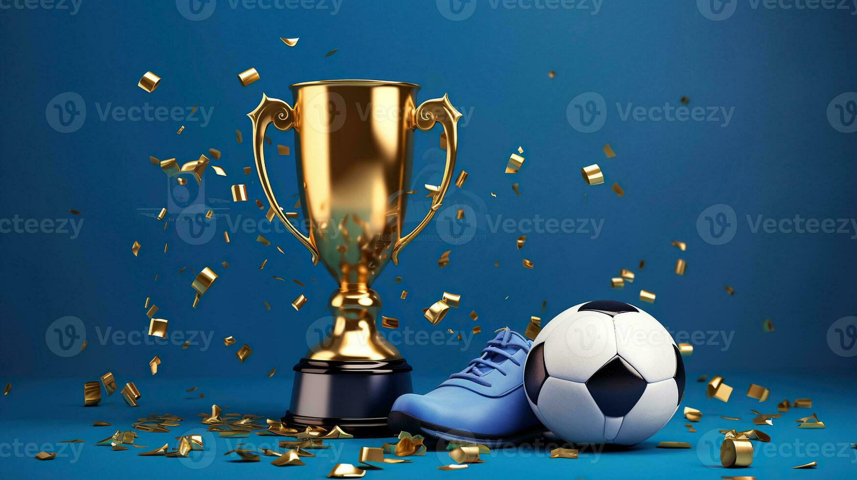 gyllene kopp, fotboll boll och konfetti på blå, i de stil av realistisk skulpturer, lyxig interiörer, generativ ai foto