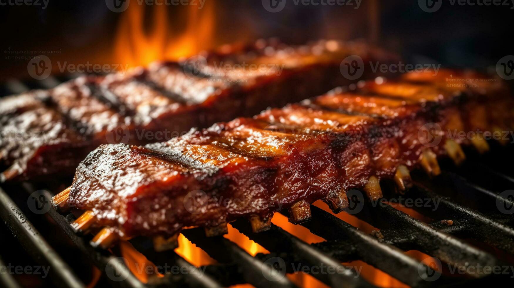 bbq revben matlagning på flammande grill skott med selektiv fokus. generativ ai foto