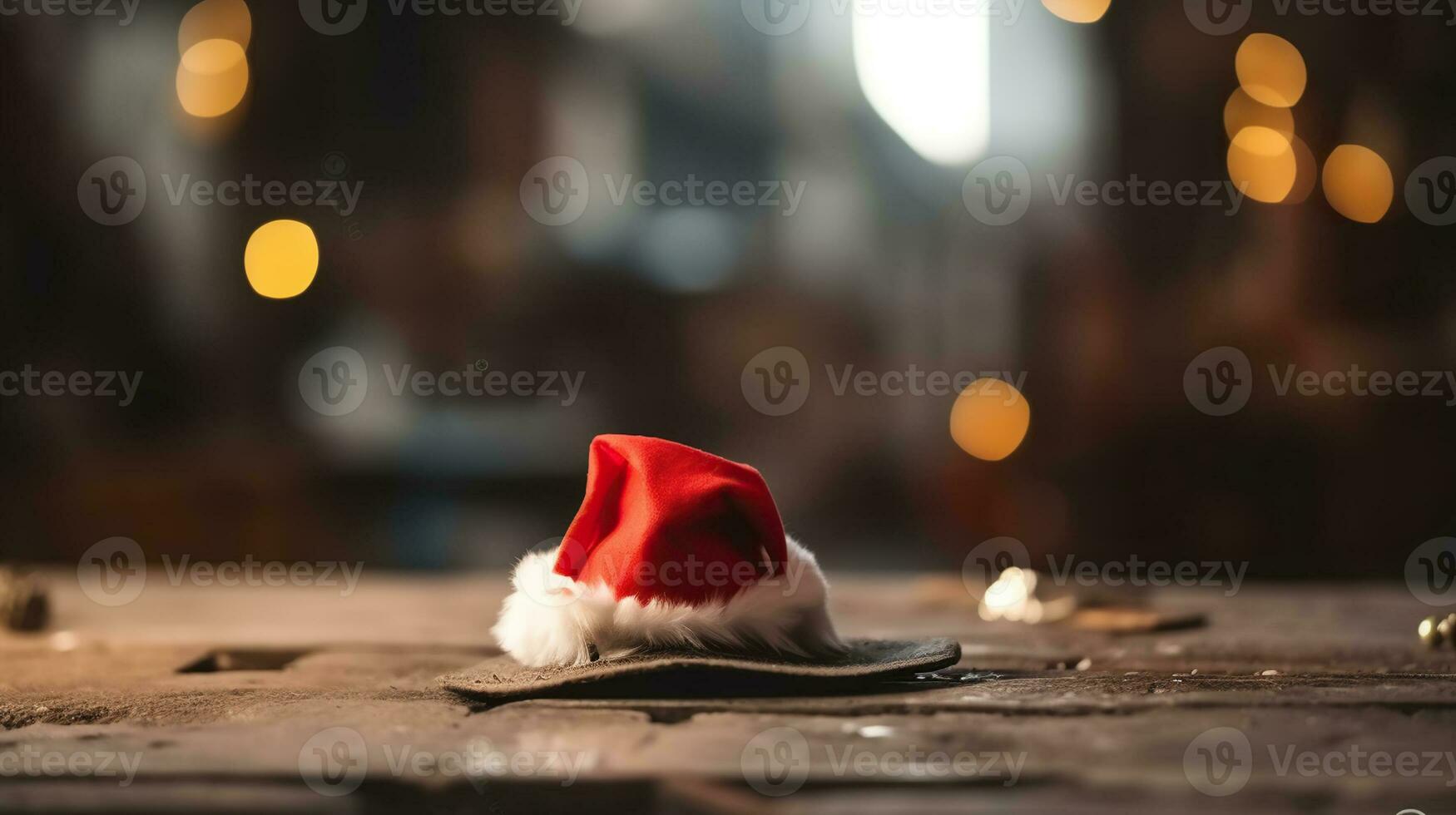 santa claus hatt stående på en mörk brun bakgrund. med Plats för text. jul. ny år. generativ ai foto