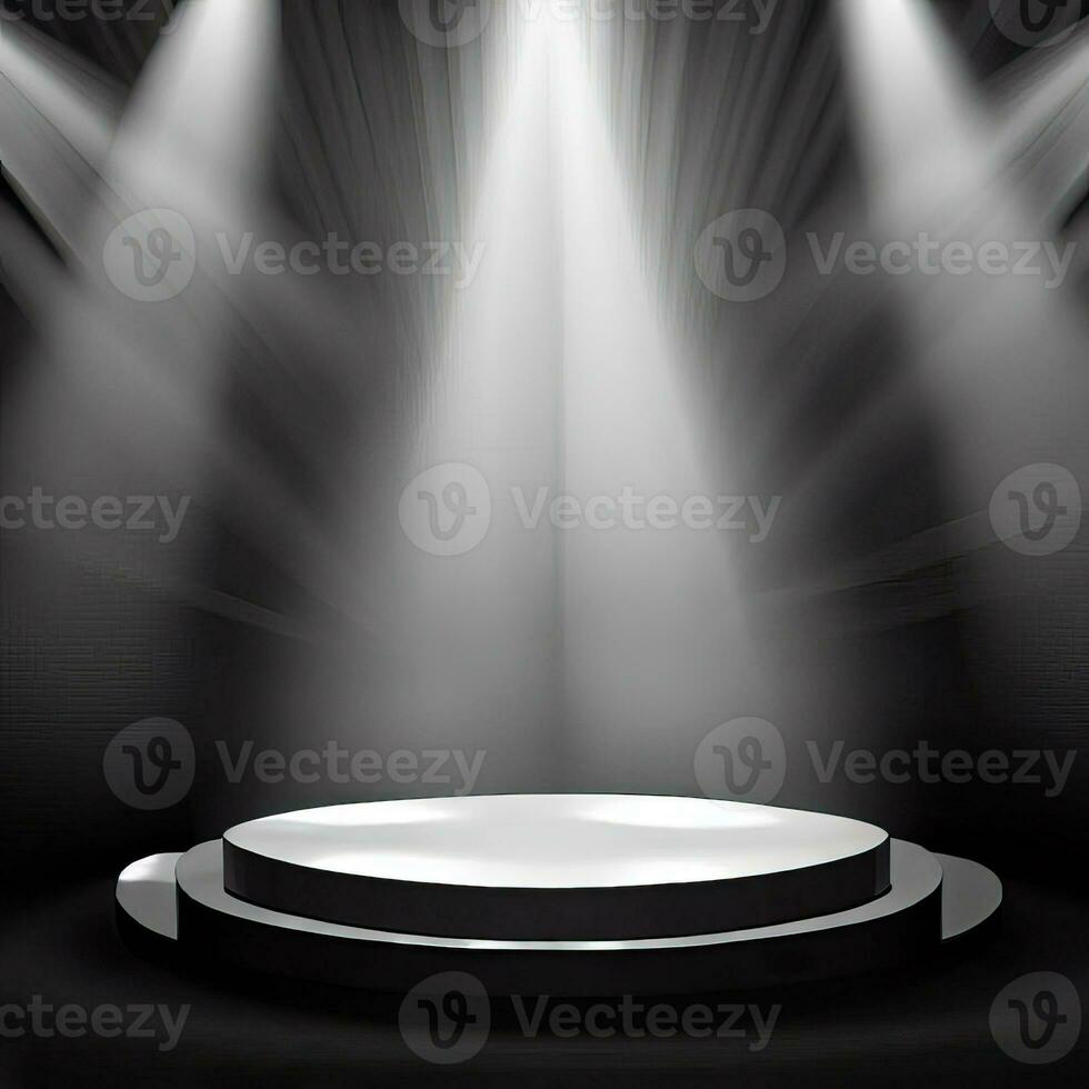 skede, tömma runda podium upplyst förbi vit balkar spotlights, projektorer, vektor realistisk isolerat på svart bakgrund. transparent ljus effekt design element för teater, studio. generativ ai foto