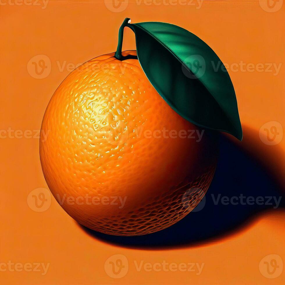 en mogen orange är visad med en blad på den generativ ai foto