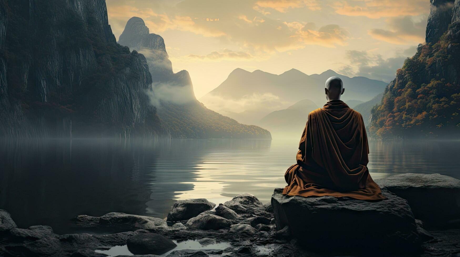 munkar i meditation tibetan munk från Bakom Sammanträde på en sten nära de vatten bland dimmig bergen foto