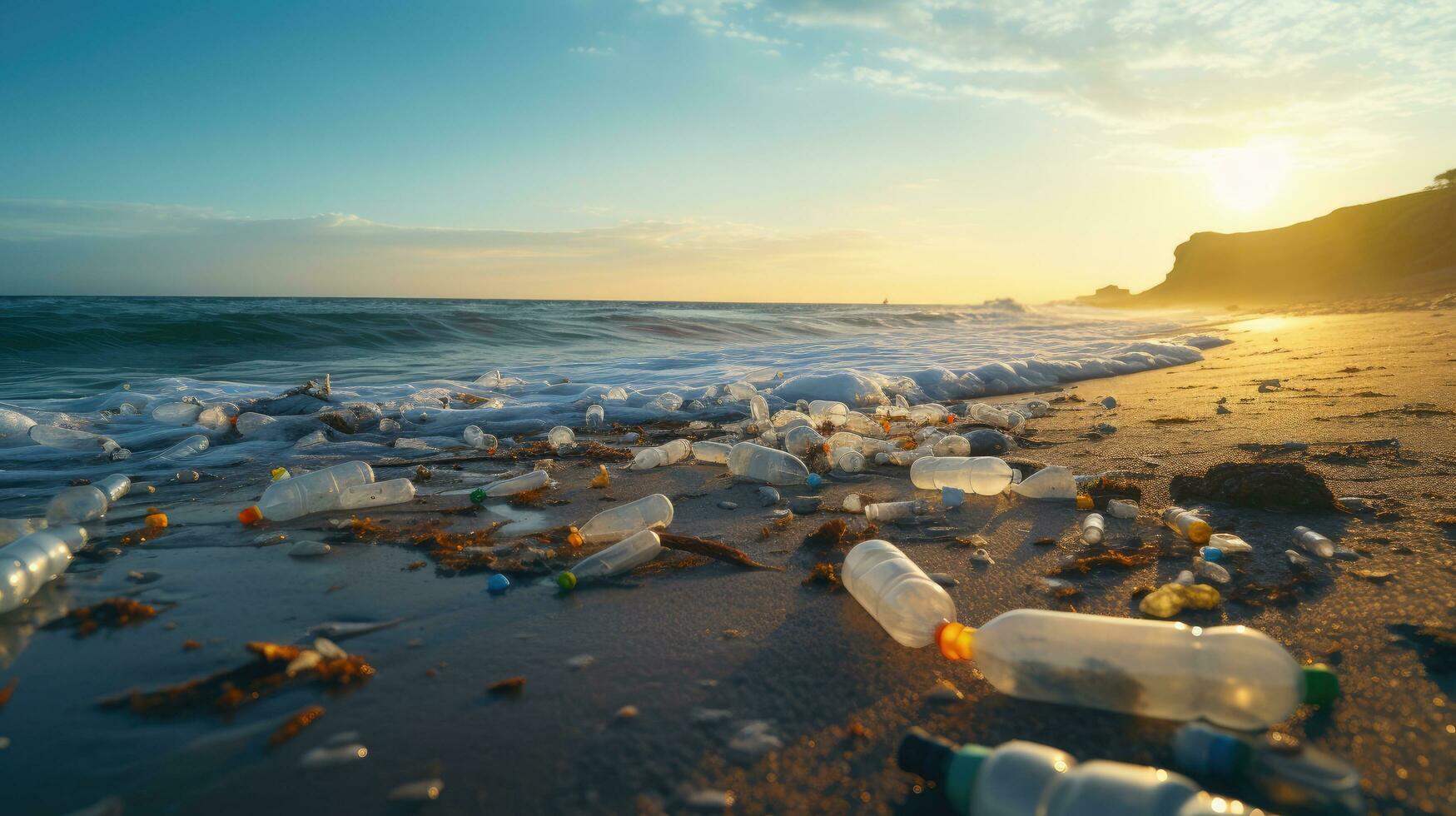 sopor på de kant av ett tömma och smutsig plast flaska stor stad strand miljö- förorening ekologisk problem foto