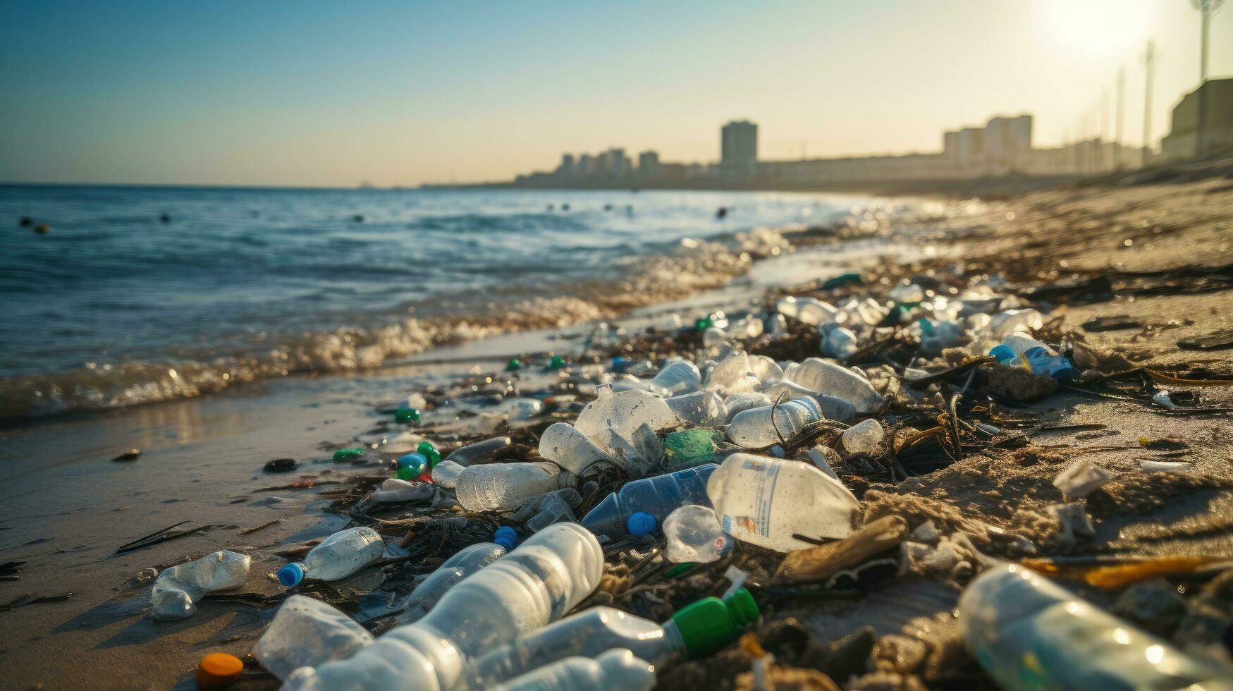 sopor på de kant av ett tömma och smutsig plast flaska stor stad strand miljö- förorening ekologisk problem foto