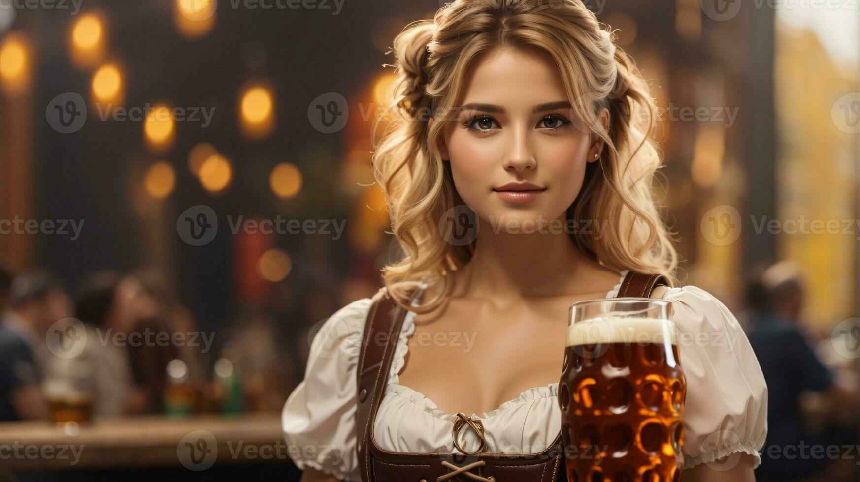 Lycklig bavarian kvinna innehav öl muggar på oktober fest foto