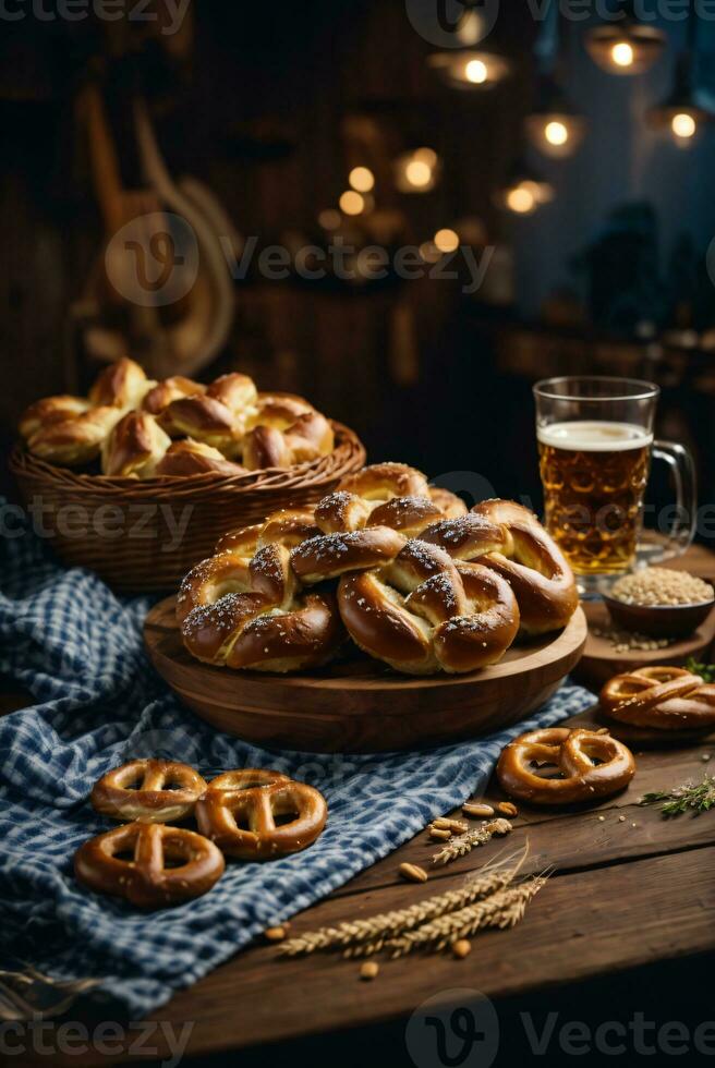 oktoberfest arrangemang med utsökt pretzel och öl festival foto