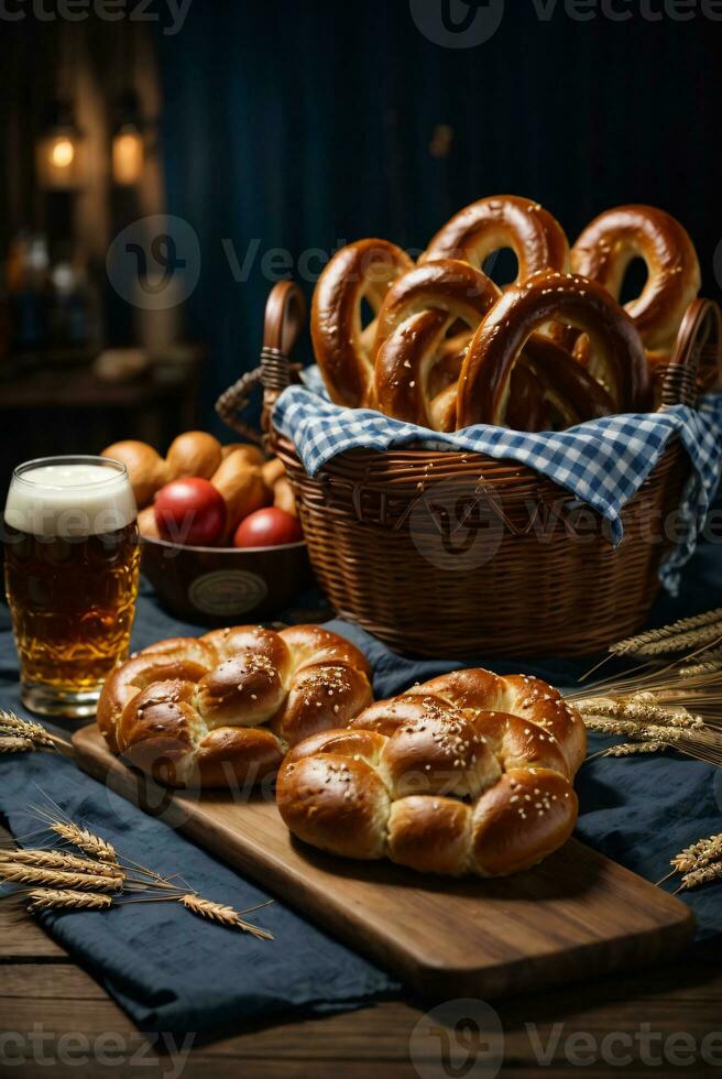 oktoberfest arrangemang med utsökt pretzel och öl festival foto