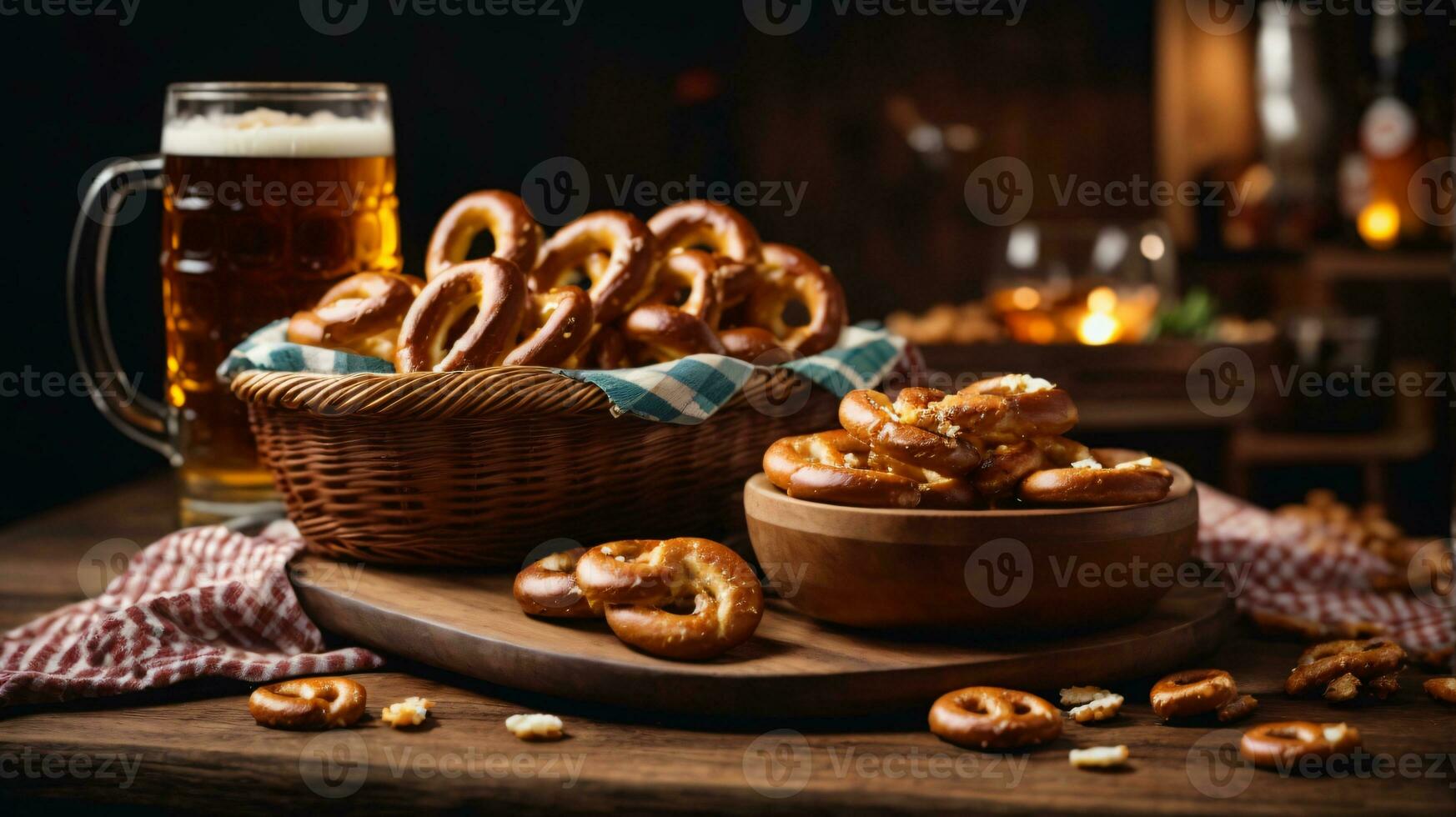 oktoberfest arrangemang med utsökt pretzel och öl festival foto