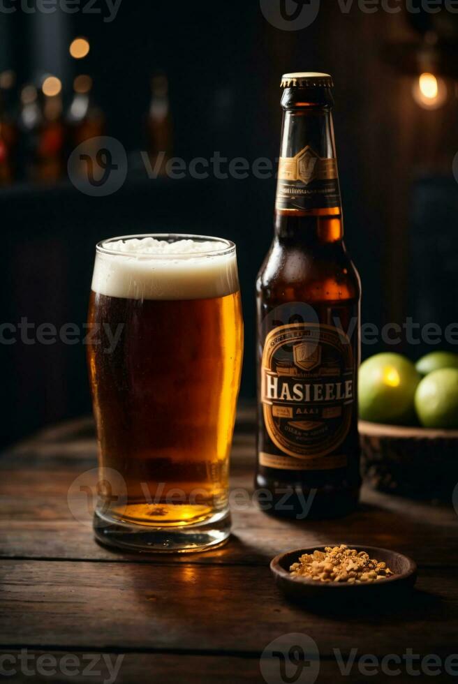 Foto av glas öl och snacks med flaska i bakgrund i bar