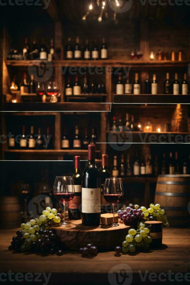 gott vin anordnad på tabell och de hylla i vin källare bakgrund foto